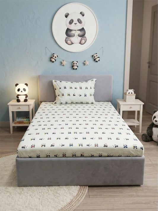 Panda Theme Cotton Kids Single Bedsheet Set