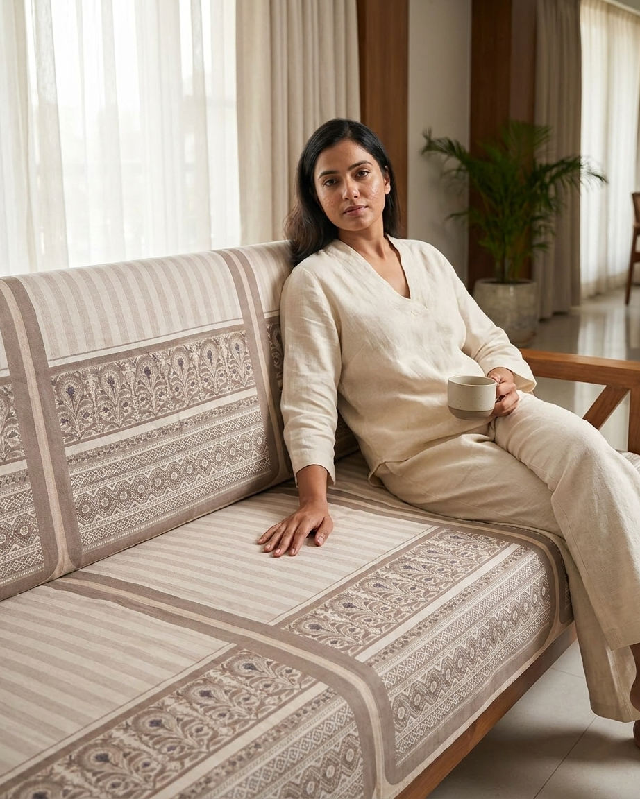 Beige Printed Cotton Sofa Slipover Cover Set | 3-Seater & 5-Seater