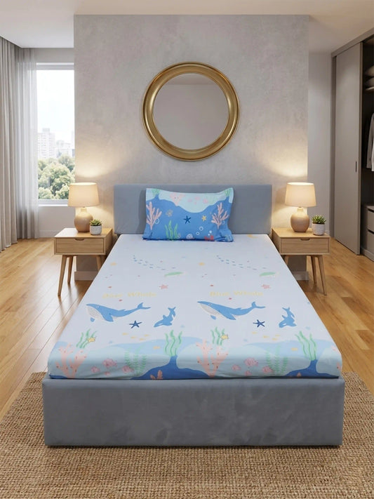 Kids Ocean Whale Cotton Single Bedsheet Set