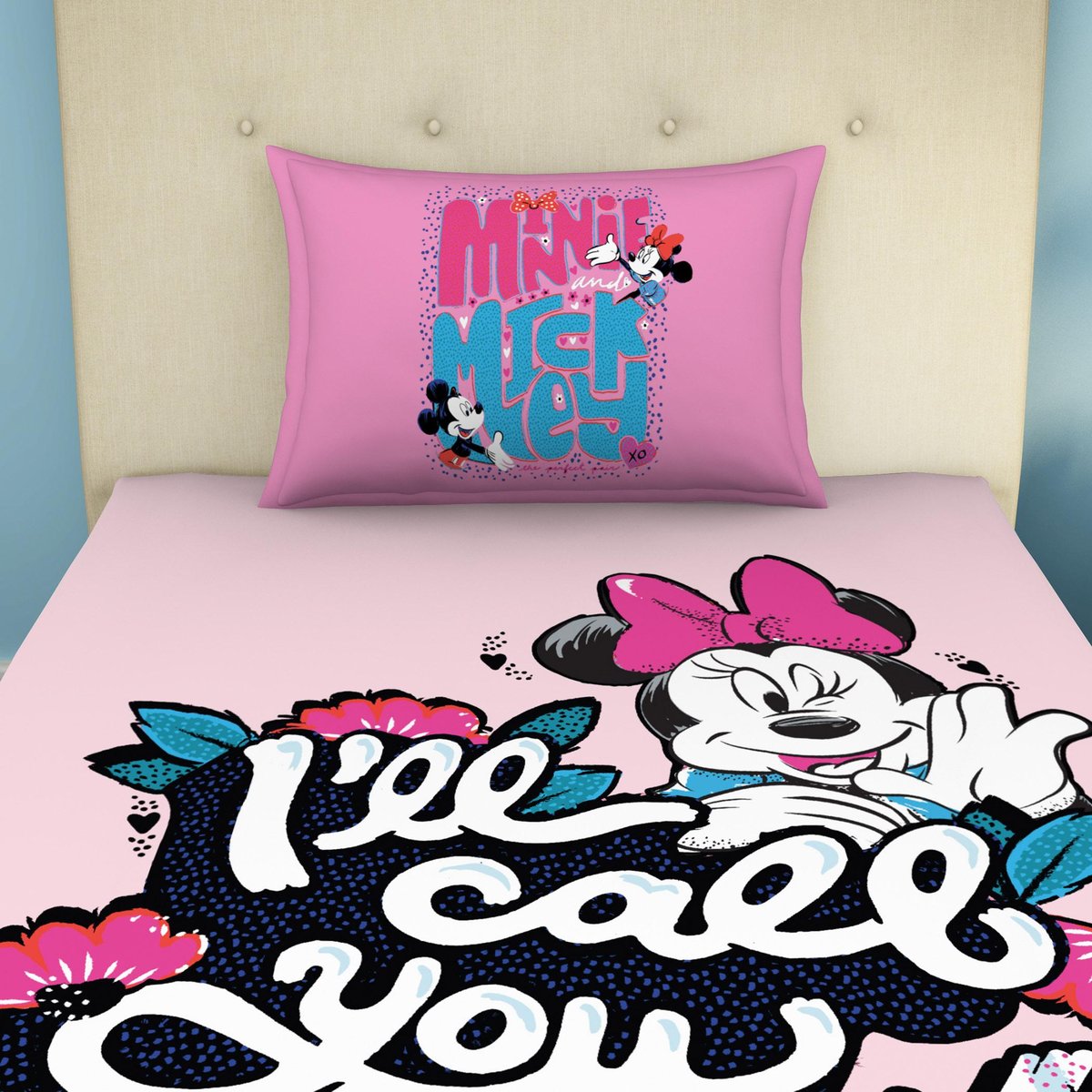 Disney Minnie Mouse Printed Kids Single Bedsheet Set with 1 Pillow Cover – Pink (152 cm x 224 cm)