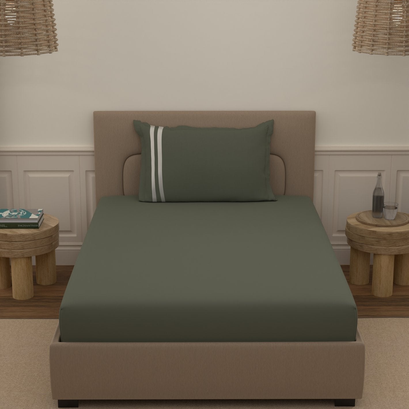 Atoz Home Decor 250 TC Tranquil Cotton Bedsheet Set with Striped Trim