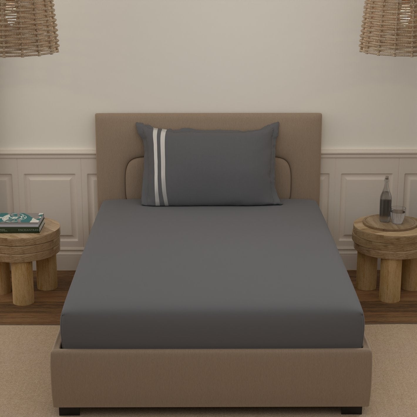 Atoz Home Decor 250 TC Tranquil Cotton Bedsheet Set with Striped Trim