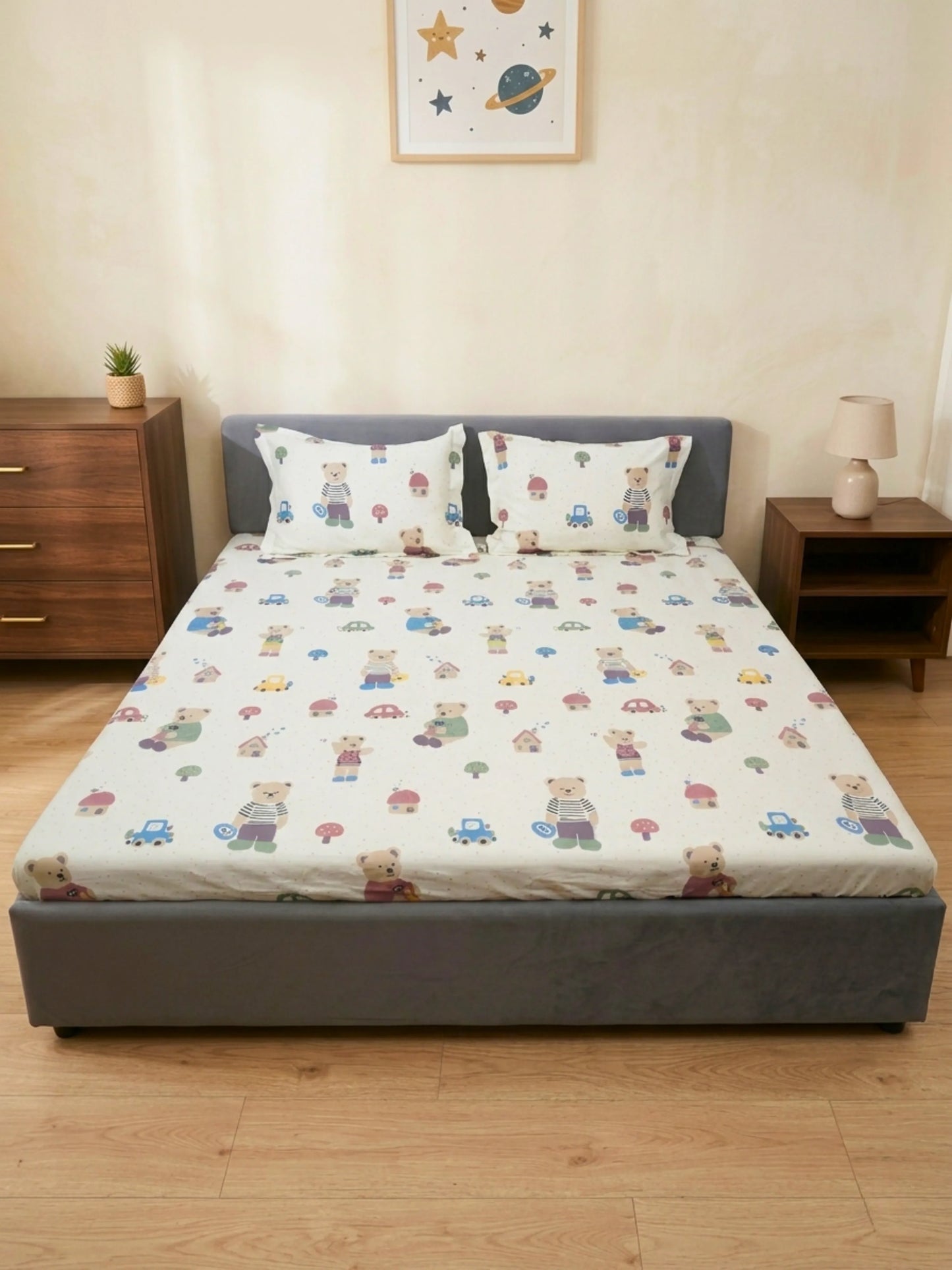 Teddy and Car Kids Cotton Bedsheet Set