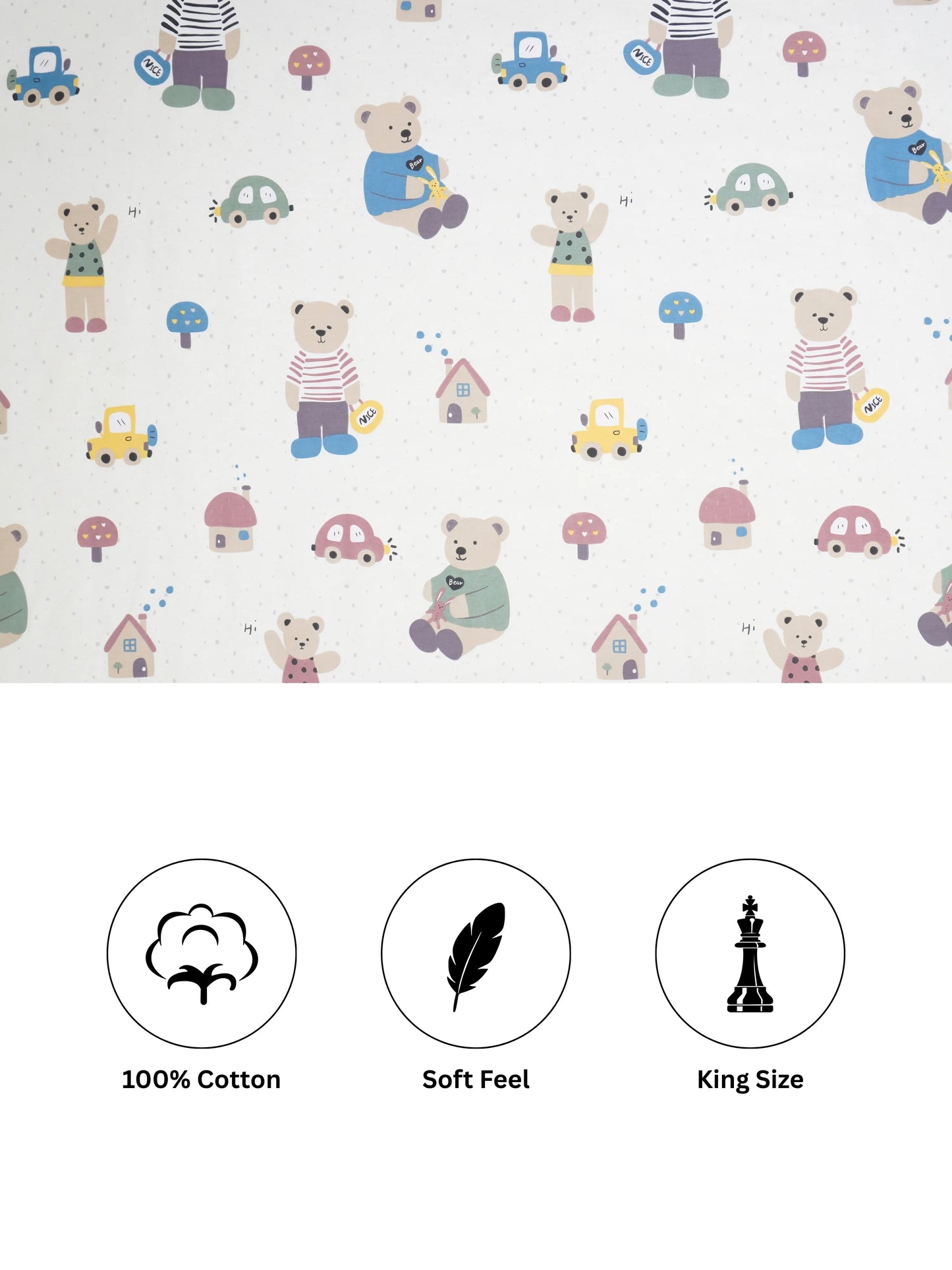 Teddy and Car Kids Cotton Bedsheet Set