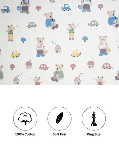 Teddy and Car Kids Cotton Bedsheet Set