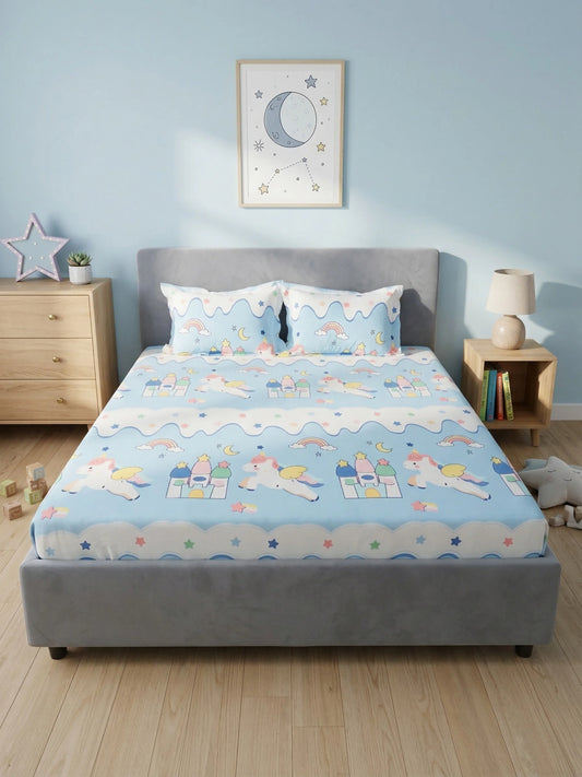 Unicorn Castle Dreams 100% Cotton Kids King Bedsheet Set