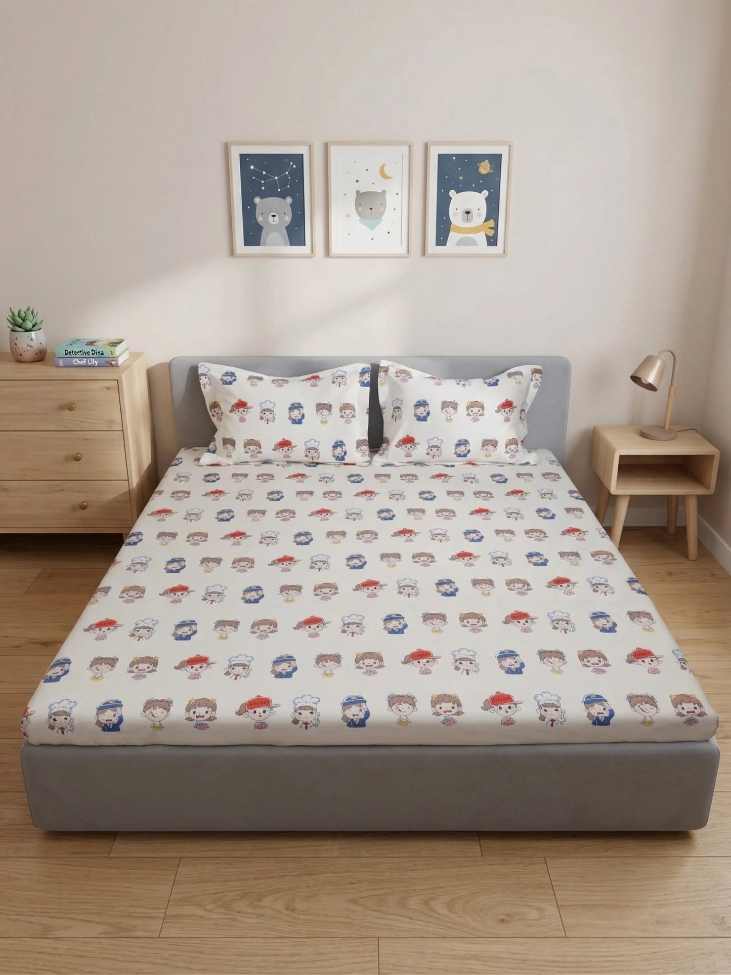 Cartoon Career Kids Cotton Bedsheet Set (Cream & Blue)