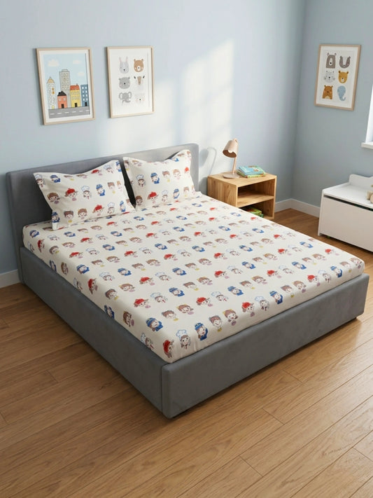 Cartoon Career Kids Cotton Bedsheet Set (Cream & Blue)
