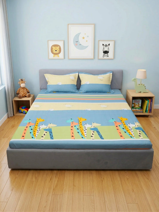 Children's room with a bed featuring a colorful giraffe design, surrounded by wall art and toys.