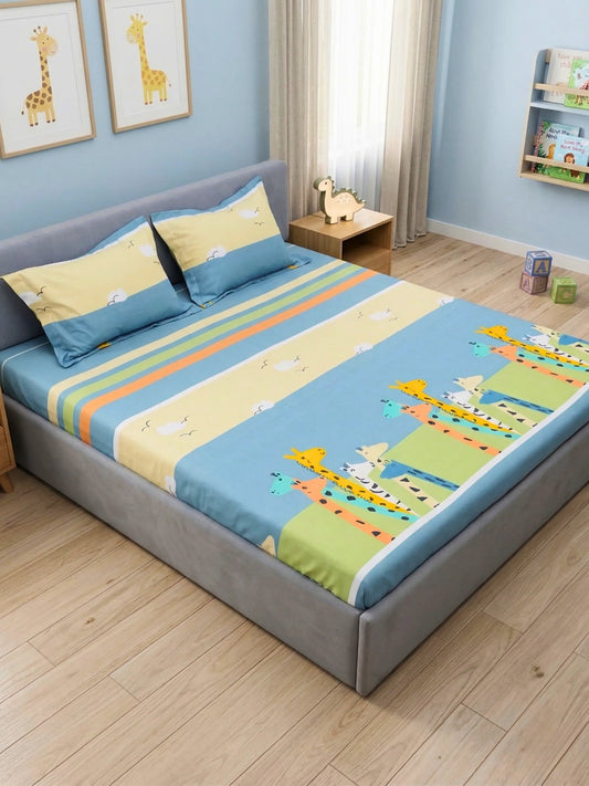 Colorful Giraffe Friends 100% Cotton Kids King Bedsheet Set