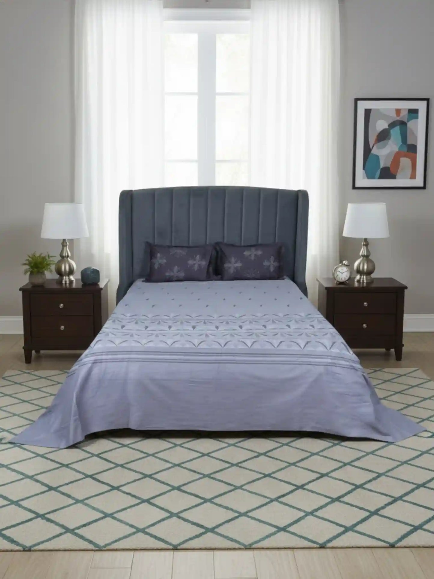 Soft Feel, Geometric Motifs King Bed Sheet Set with 2 Pillow Cases – 100% Cotton (300 TC)