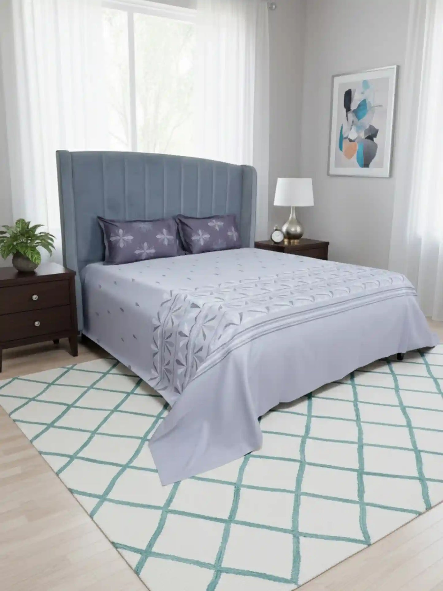 Soft Feel, Geometric Motifs King Bed Sheet Set with 2 Pillow Cases – 100% Cotton (300 TC)