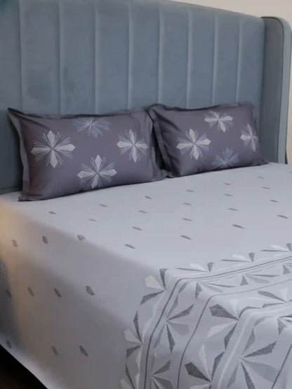 Soft Feel, Geometric Motifs King Bed Sheet Set with 2 Pillow Cases – 100% Cotton (300 TC)