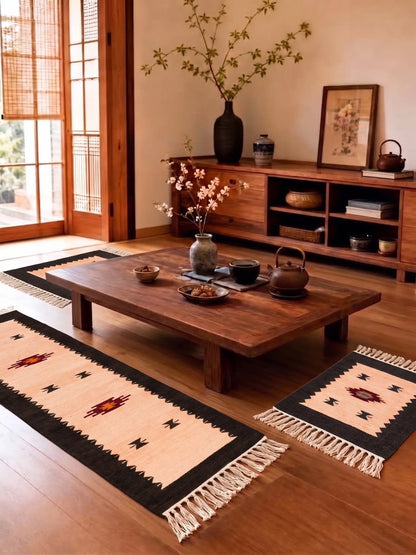 Atoz Home Decor Traditional Geometric Cotton Chenille Runner and Mat Set Of 3|Beige-Brown & Orange-Brown