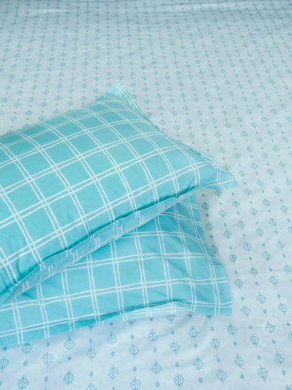 Light Blue Pattern & Aqua Check Cotton Double Bedsheet Set
