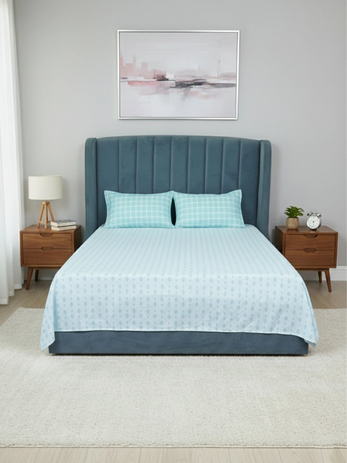 Light Blue Pattern & Aqua Check Cotton Double Bedsheet Set