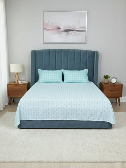 Light Blue Pattern & Aqua Check Cotton Double Bedsheet Set