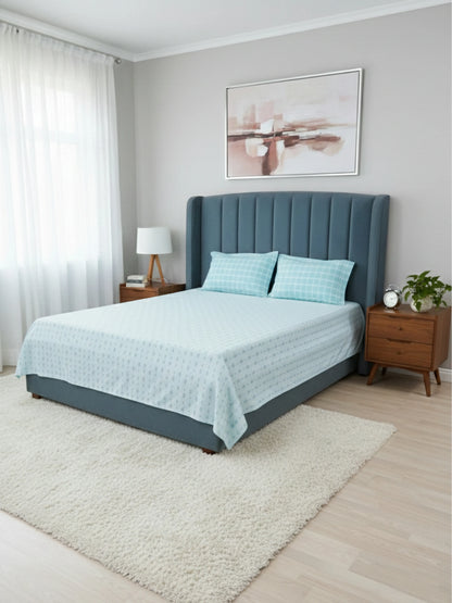 Light Blue Pattern & Aqua Check Cotton Double Bedsheet Set