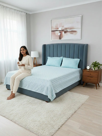 Light Blue Pattern & Aqua Check Cotton Double Bedsheet Set