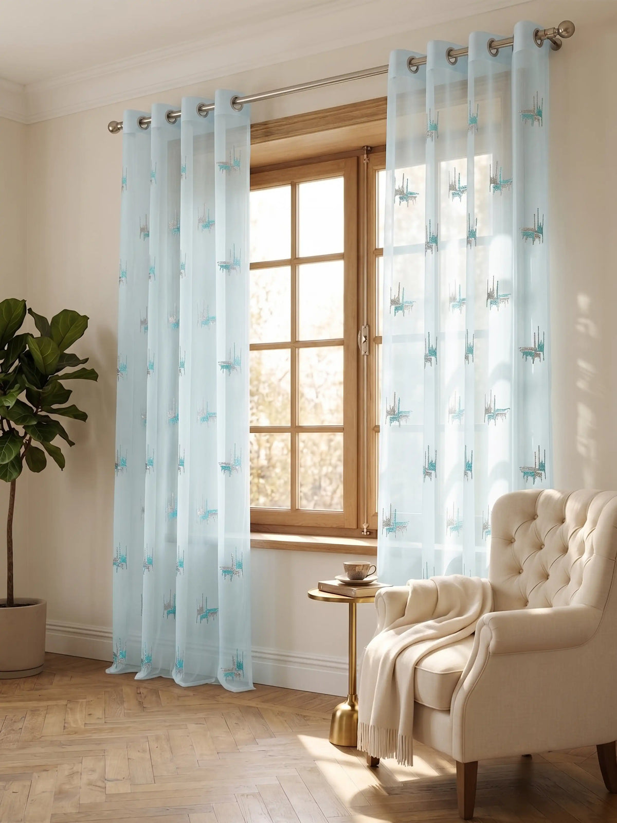 Evabella Abstract Linear Embroidered Sheer Grommet Curtains | 100% Polyester
