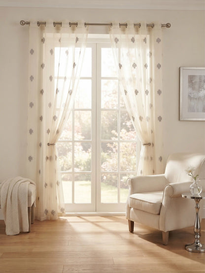 Evabella Embroidered Geometric Diamond Sheer Grommet Curtains | 100% Polyester