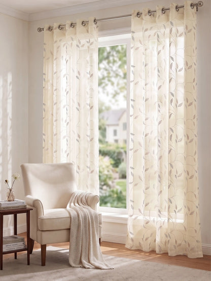 Evabella Embroidered Leaf Vine Sheer Grommet Curtains | 100% Polyester