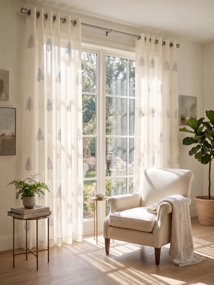 Evabella Embroidered Pine Tree Sheer Grommet Curtains | 100% Polyester
