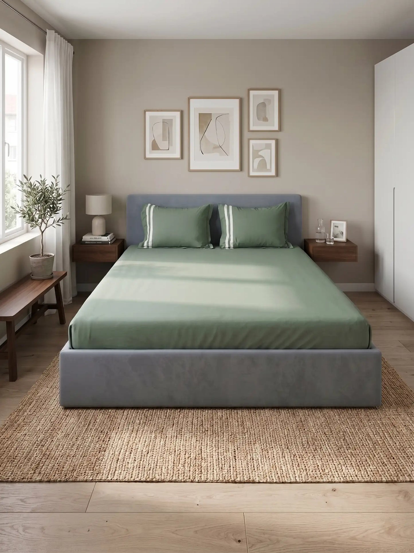 Atoz Home Decor 250 TC Tranquil Cotton Bedsheet Set with Striped Trim