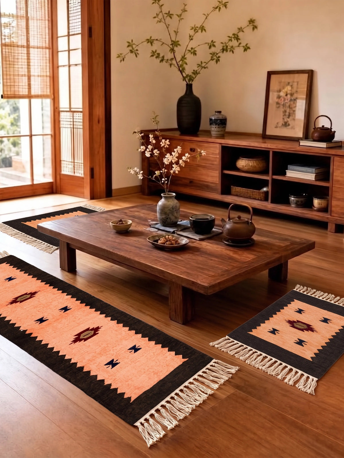 Atoz Home Decor Traditional Geometric Cotton Chenille Runner and Mat Set Of 3|Beige-Brown & Orange-Brown