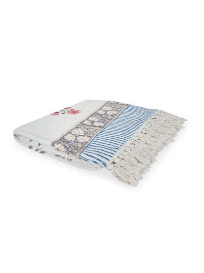 Atoz Home Decor Traditional Sanganeri Block Printed Cotton-Jute Throw with Fringe (130 x 170 cm)