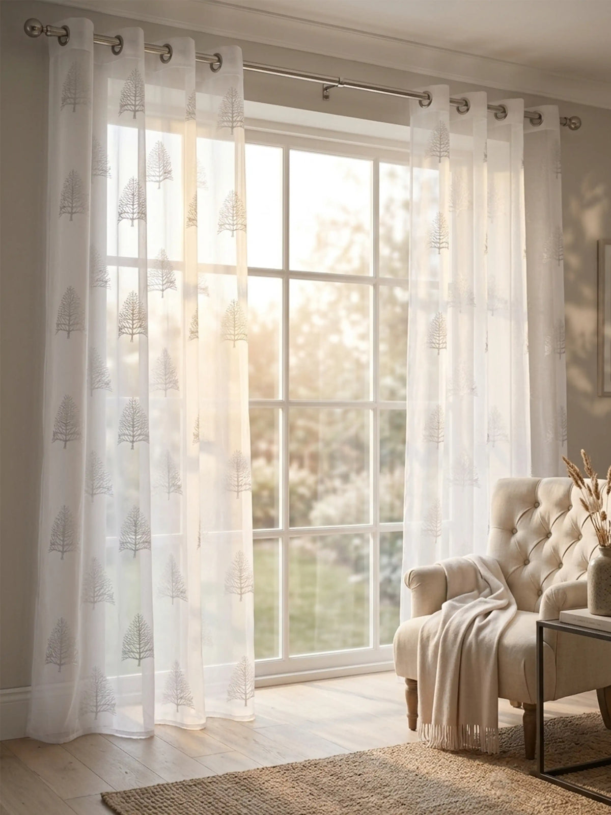 Evabella Embroidered Pine Tree Sheer Grommet Curtains | 100% Polyester