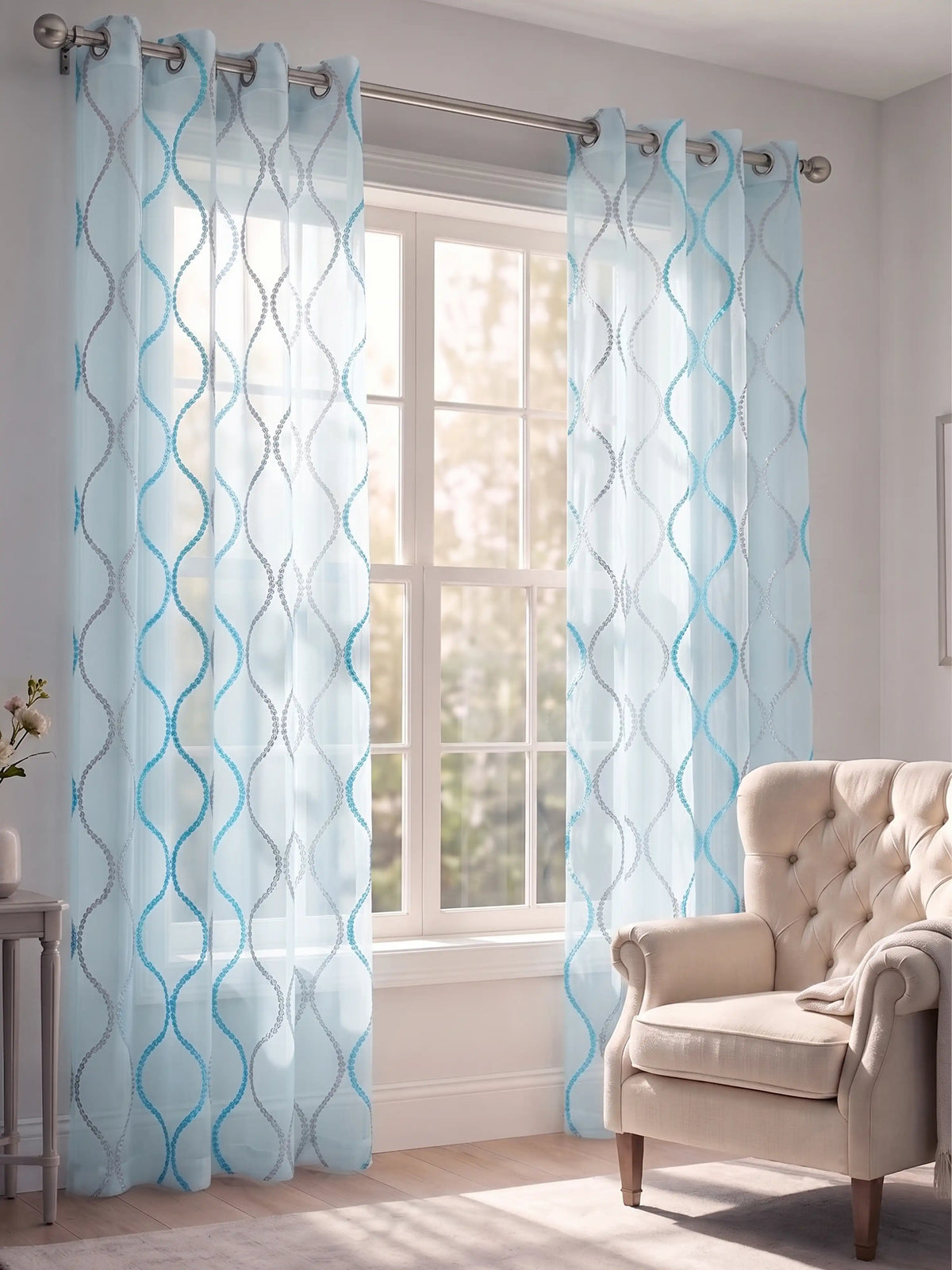 Evabella Embroidered Ogee Trellis Sheer Grommet Curtains | 100% Polyester