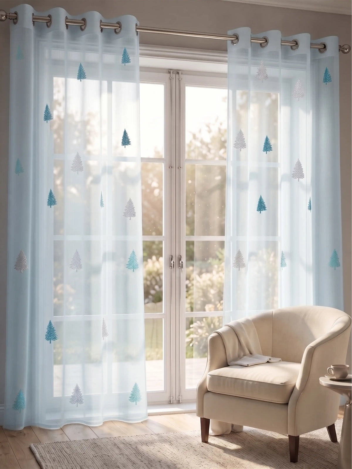Evabella Embroidered Pine Tree Sheer Grommet Curtains | 100% Polyester