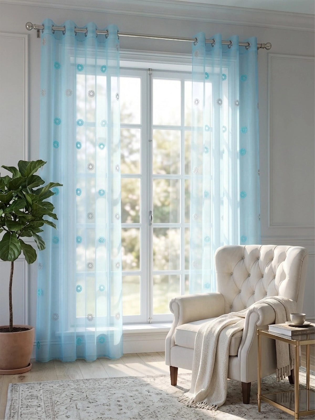 Evabella Elegant Circular Embroidery Sheer Grommet Curtains | 6 colors and 3 lengths