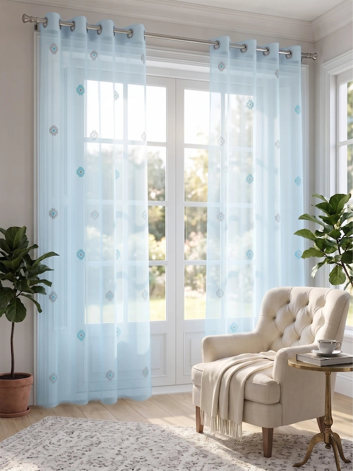 Evabella Embroidered Geometric Diamond Sheer Grommet Curtains | 100% Polyester