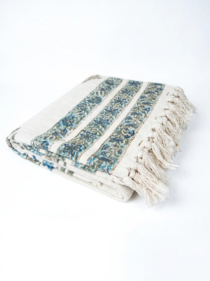 Atoz Home Decor Traditional Sanganeri Block Printed Cotton-Jute Throw with Fringe (130 x 170 cm)