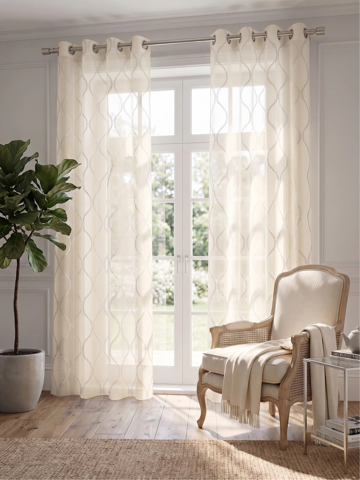 Evabella Embroidered Ogee Trellis Sheer Grommet Curtains | 100% Polyester
