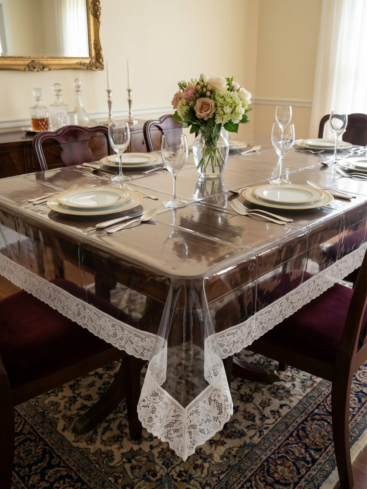 Freelance Tuscany Transparent Dining Table Cover | White Lace 60x90"
