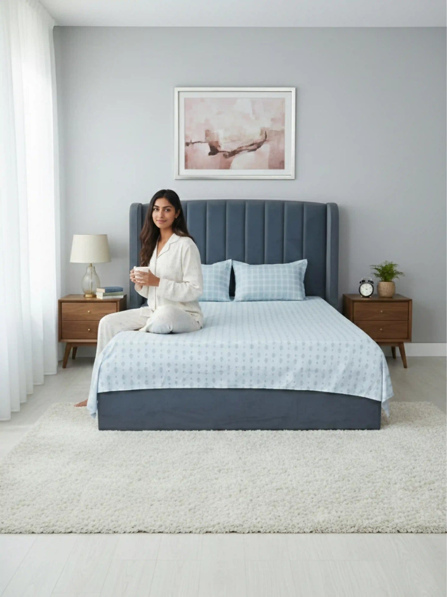 White Motif & Plaid 100% Cotton Double Bedsheet