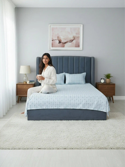 White Motif & Plaid 100% Cotton Double Bedsheet