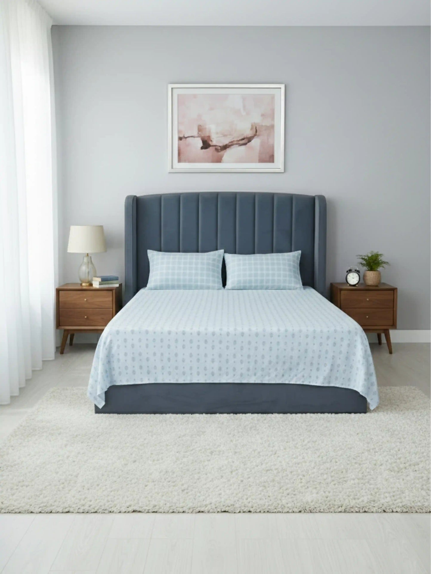 White Motif & Plaid 100% Cotton Double Bedsheet