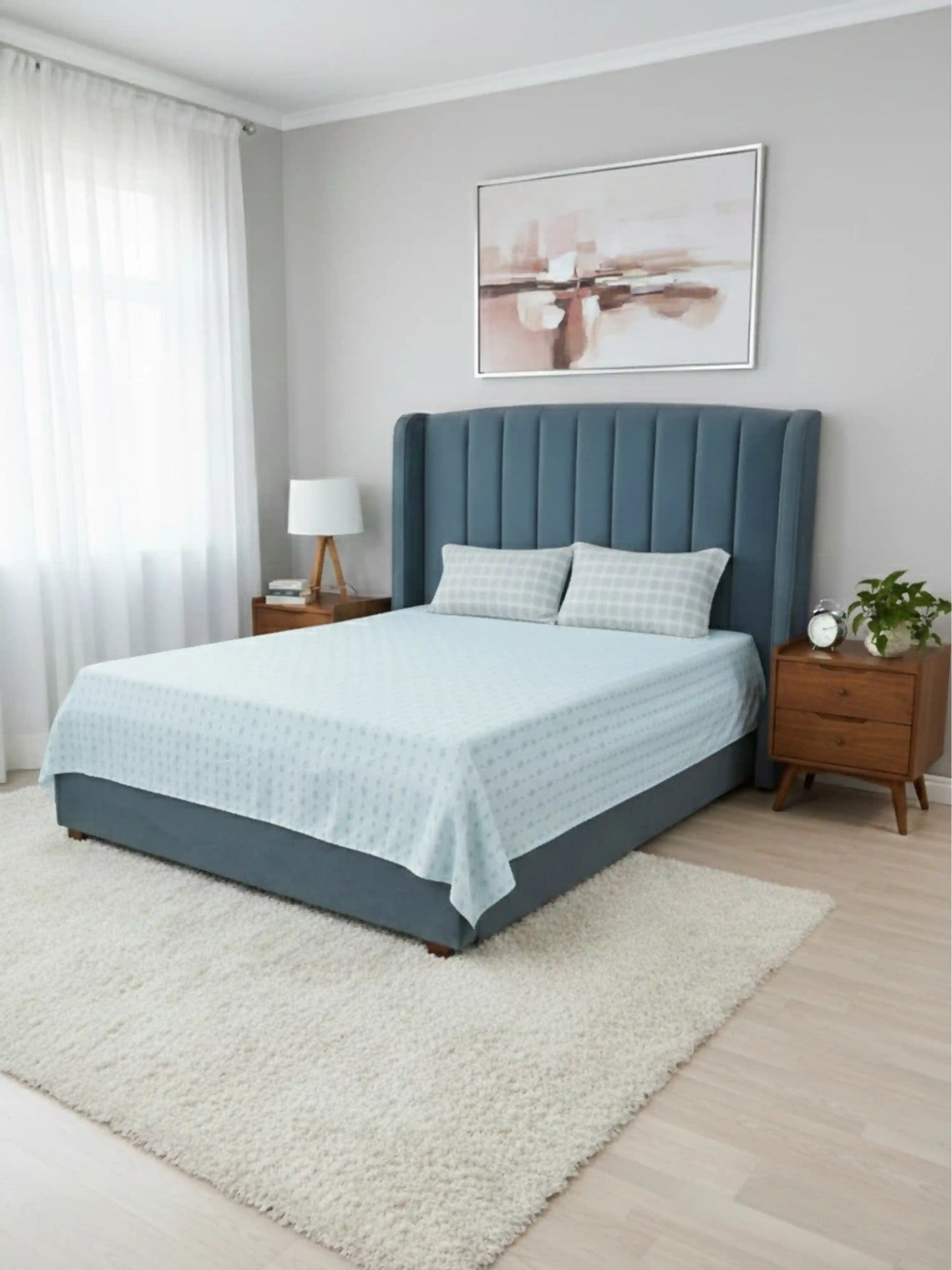 White Motif & Plaid 100% Cotton Double Bedsheet