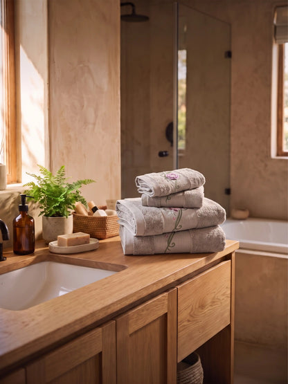 Stylla 4-Piece Embroidered Cotton Towel Set | 2 Bath & 2 Hand Towels