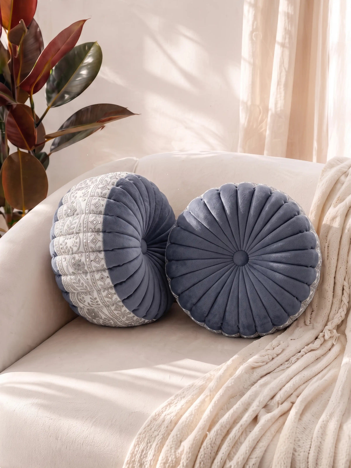 Bellagio Desenhista Dhol Round Velvet Tufted Cushions (12" x 12") – Pack of 2 Decorative Pintuck Throw Pillows