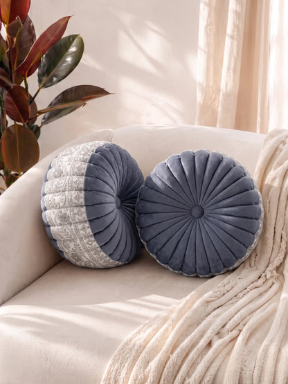 Bellagio Desenhista Dhol Round Velvet Tufted Cushions (12" x 12") – Pack of 2 Decorative Pintuck Throw Pillows