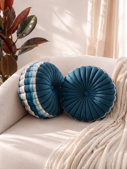 Bellagio Desenhista Dhol Round Velvet Tufted Cushions (12" x 12") – Pack of 2 Decorative Pintuck Throw Pillows