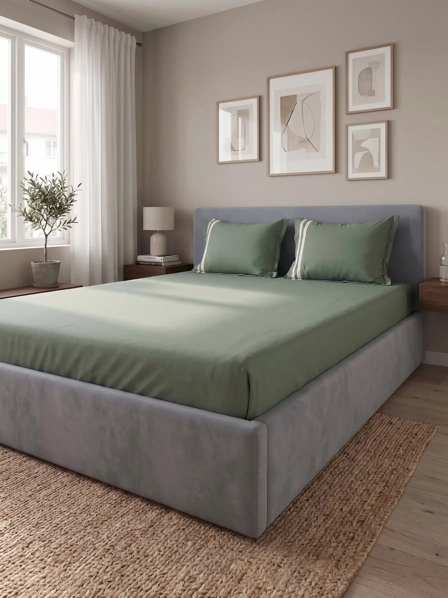 Atoz Home Decor 250 TC Tranquil Cotton Bedsheet Set with Striped Trim