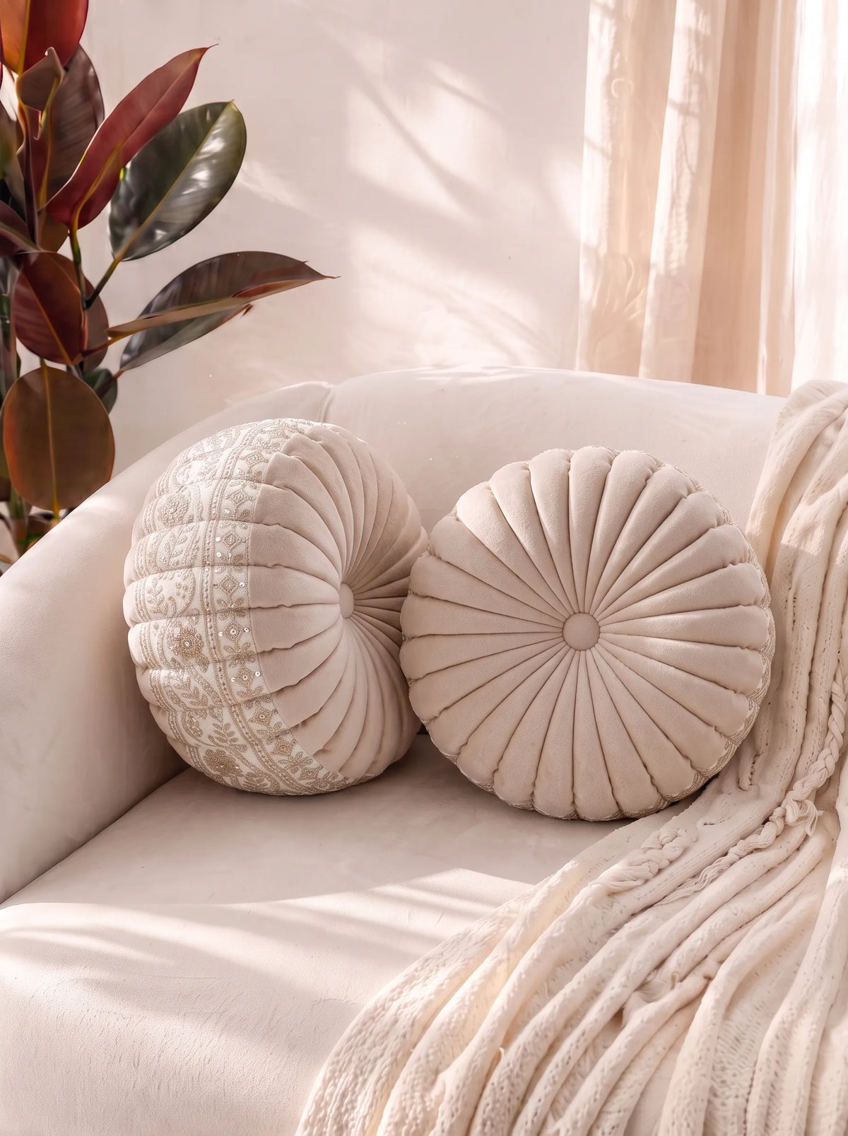 Bellagio Desenhista Dhol Round Velvet Tufted Cushions (12" x 12") – Pack of 2 Decorative Pintuck Throw Pillows
