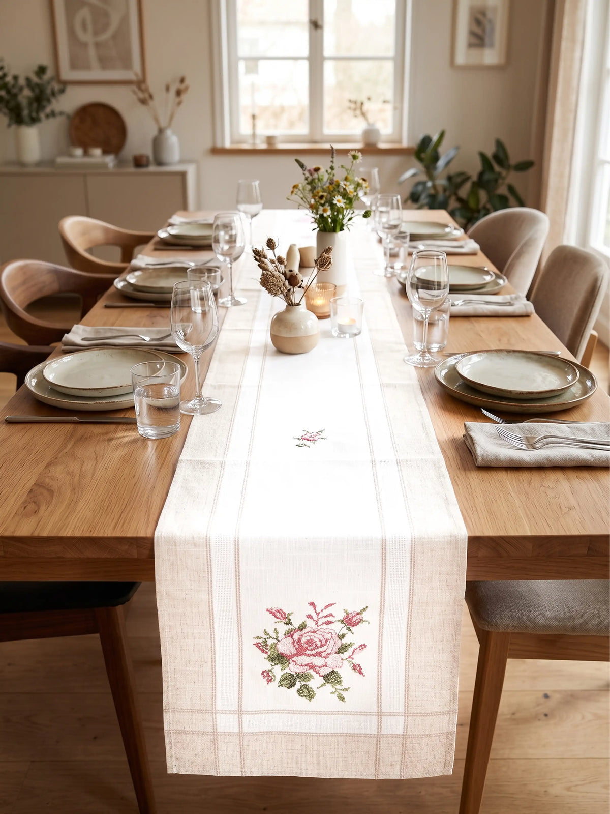 AtozHomeDecor Cotton Linen Table Runner | Printed & Embroidered | 14x72" / 16x72"