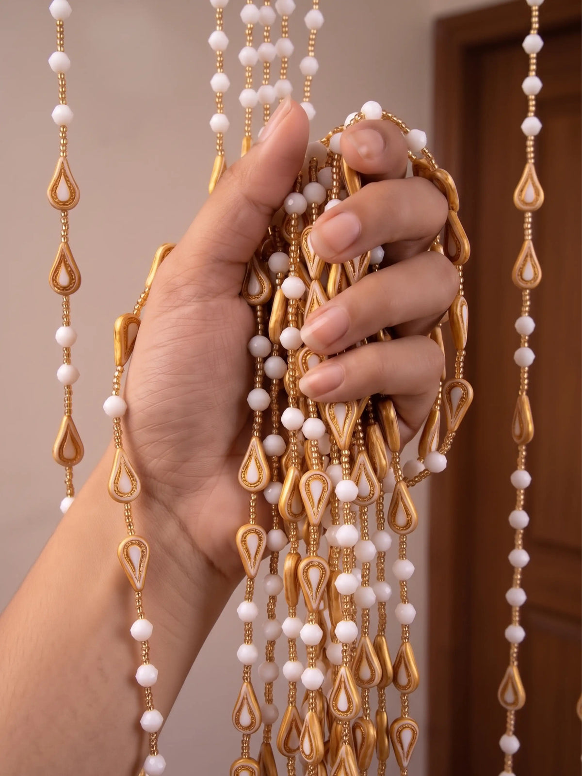 Atoz Home Decor Wooden-Style Tilak Bead String Door Curtain | White & Gold PVC | 4x7 ft